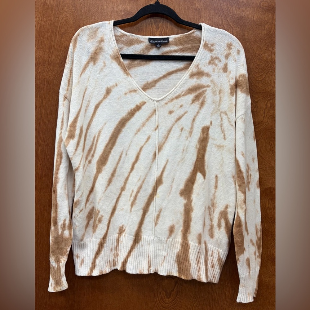 Alison Andrews 100% cotton tie dye v-neck pullover sweater brown white Large